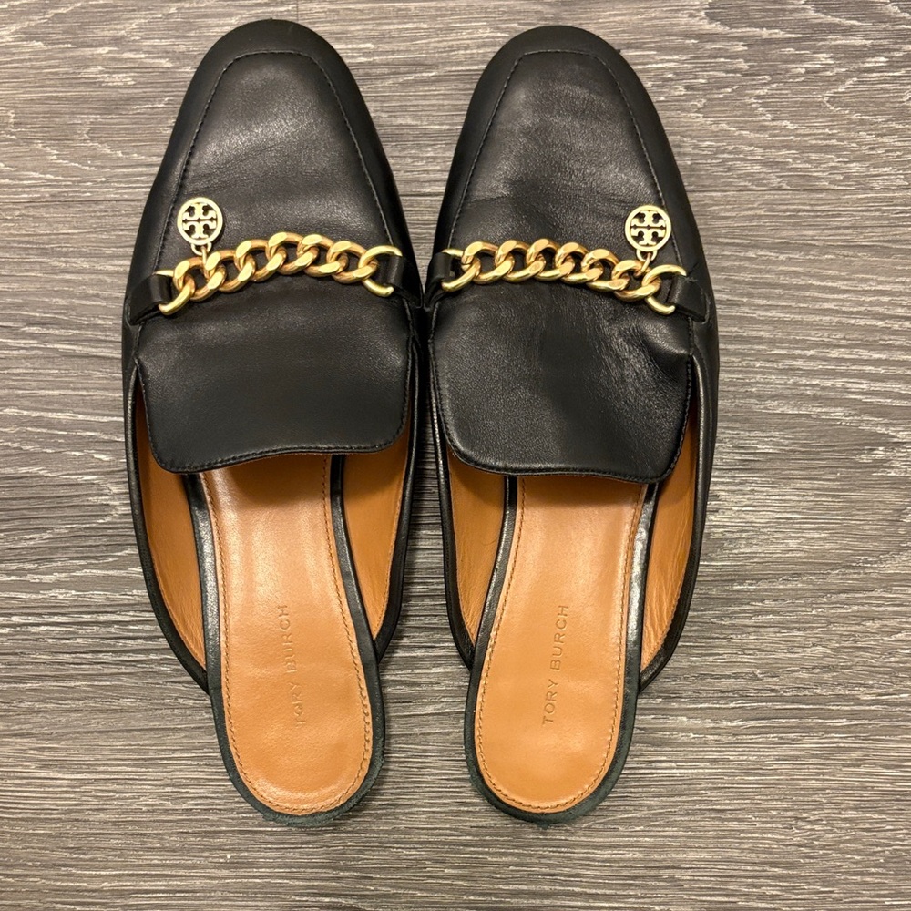 Tory Burch Black Leather Mules with Gold Chain